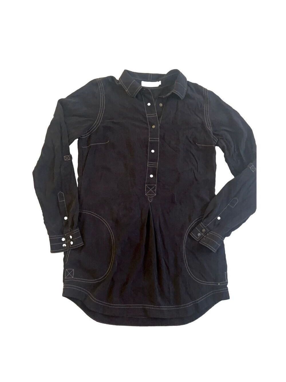 Go Silk Long Sleeve Tunic Popover Blouse Gray Snap Closure Pockets Size S